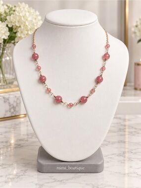 Pink Agate Gemstone Gold Necklace 18”